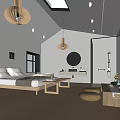 Hotel Guest Room Interior Featuring Wooden Flooring Rattan Pendant Lights Round Mirror And Large Bed