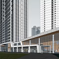 Modern Sales Office Building With Glass Facade Among High Rise Buildings And Greenery