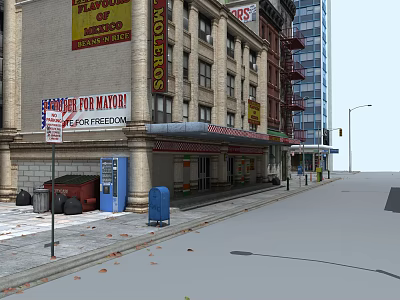 Multi Story Commercial Complex With Motel 6 Burgers Shop Vending Machine And Street View 3d model