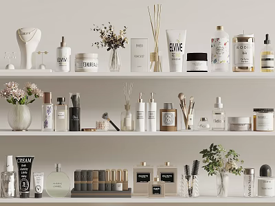 Elegant Shelves Display Of Perfumes Cosmetics Skincare And Decorative Flowers 3d model