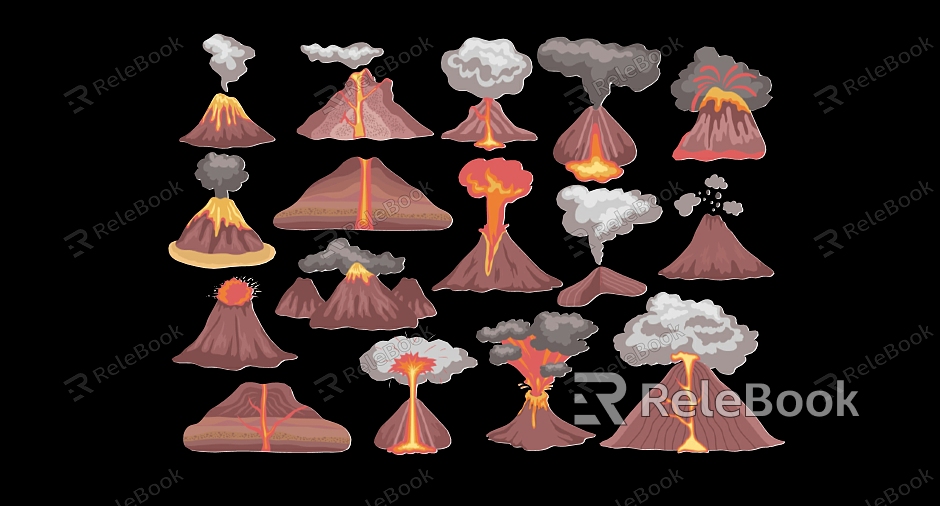 Scene of volcanic eruption smoking magma model