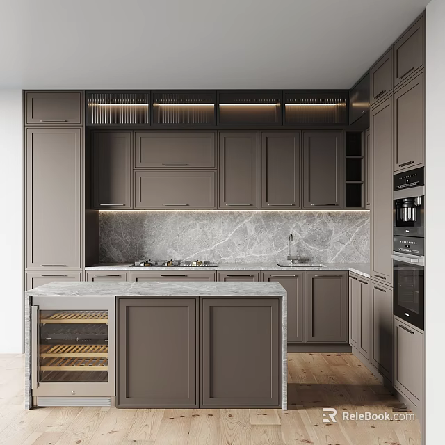 Modern Gray Kitchen Cabinets Interior With Marble Island Countertop And Backsplash Lighting 3d model
