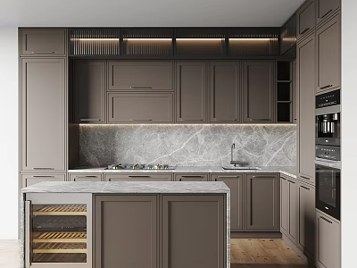 Modern Gray Kitchen Cabinets Interior With Marble Island Countertop And Backsplash Lighting 3d model