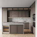 Modern Gray Kitchen Cabinets Interior With Marble Island Countertop And Backsplash Lighting 3d model