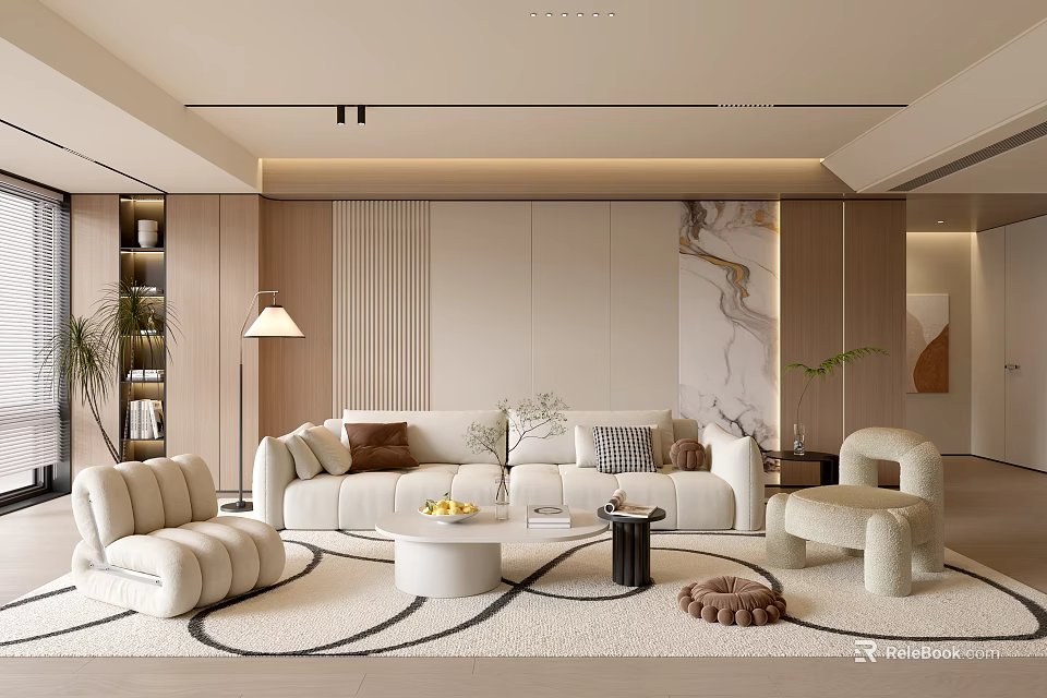 Modern Cozy Cream Tone Living Room With Plush Sofas And Stylish Wood Marble Feature Wall 3d model 