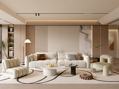 Modern Cozy Cream Tone Living Room With Plush Sofas And Stylish Wood Marble Feature Wall 3d model