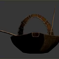 Traditional Brown Wooden Boat As Water Transportation With Round Cover And Wooden Paddle