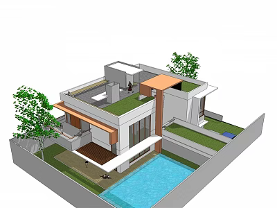 Modern Detached Villa With Green Roof Terrace Swimming Pool And Surrounding Trees 3d model