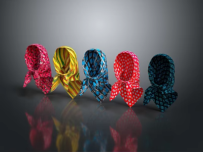 Colorful Patterned Scarves In Various Colors Arranged In A Row With Reflections 3d model