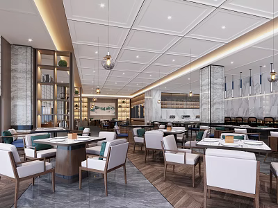 Elegant Modern Restaurant Interior With Stylish Tables Chairs Pendant Lights And Marble Accents 3d model