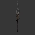 Ornate Ancient Polearm With Curved Blade Golden Rings Brown Wrapped Handle And Metal Details