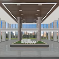 Modern Hotel Lobby Front Desk Reception Area With Marble Floor Glass Walls And Green Plants