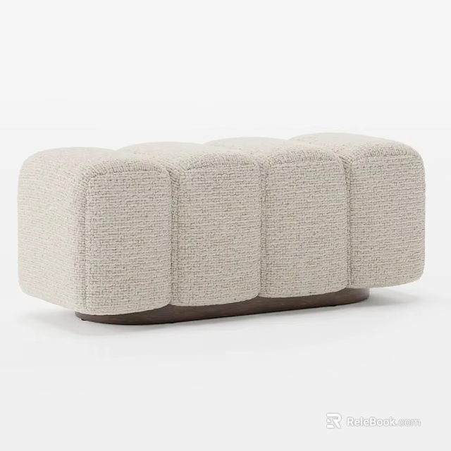 Beige Textured Fabric Ottoman with Block Design and Dark Wooden Base 3d model 