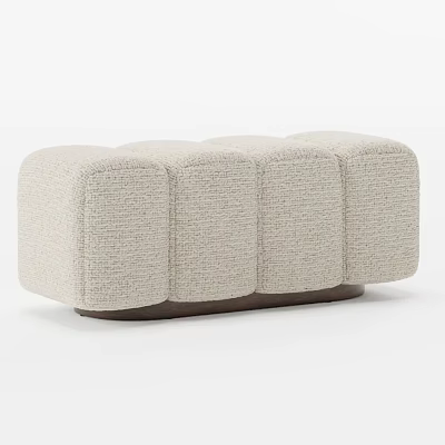 Beige Textured Fabric Ottoman with Block Design and Dark Wooden Base 3d model