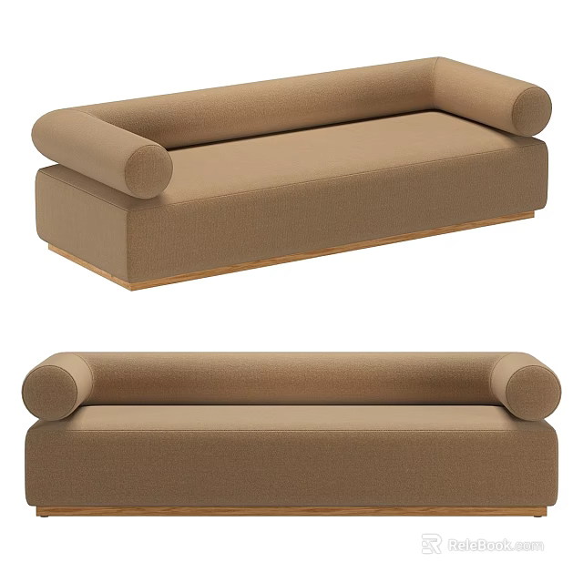 Brown Fabric Sofa with Round Arms and Wooden Base Simple Design 3d model