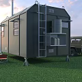 Green Mobile Camping Trailer With SUV Table Red Chairs On Grassland