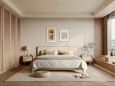 Modern Bedroom Interior With Beige Walls Wooden Wardrobes Decorative Paintings Table Lamps And Natural Light 3d model