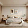 Modern Bedroom Interior With Beige Walls Wooden Wardrobes Decorative Paintings Table Lamps And Natural Light