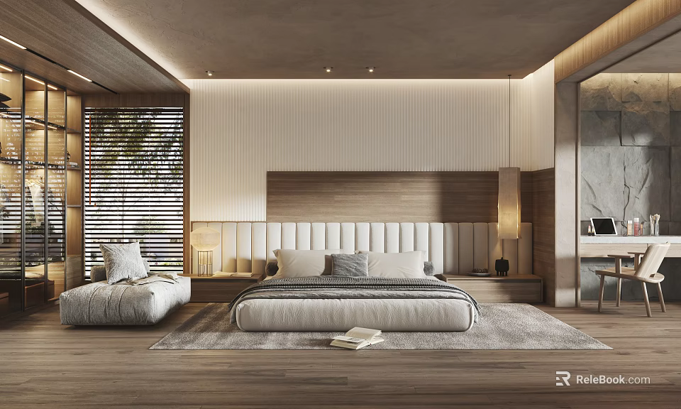 Modern Bedroom Interior Design With Wooden Flooring Headboard Rug Blinds Green Plants And Soft Lighting 3d model 