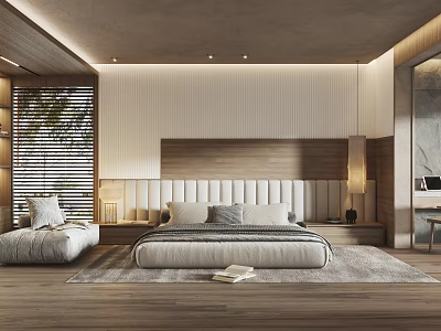 Modern Bedroom Interior Design With Wooden Flooring Headboard Rug Blinds Green Plants And Soft Lighting 3d model