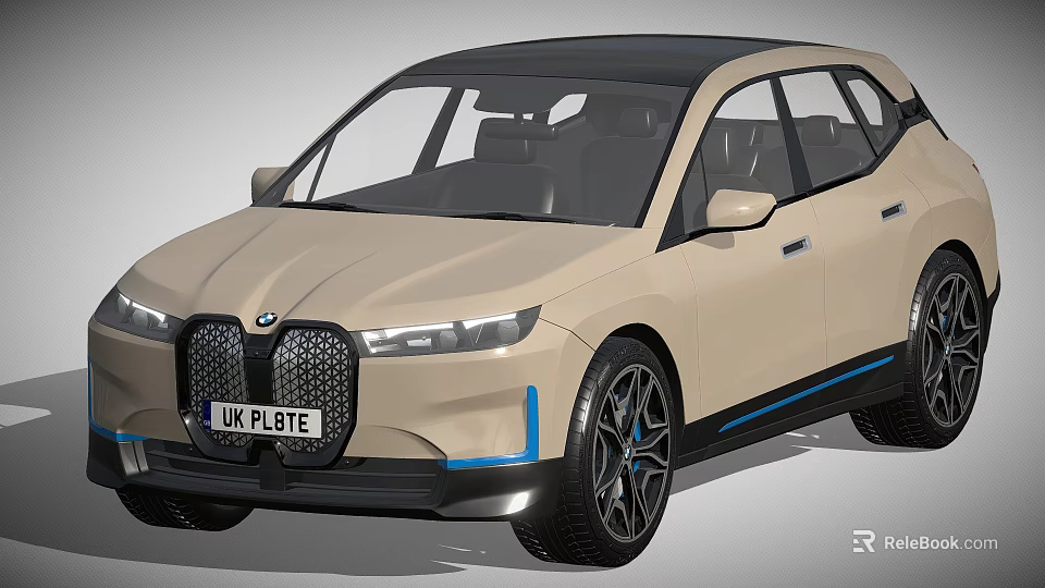 Beige BMW Electric Car With Signature Kidney Grille And Blue Accents 3d model 