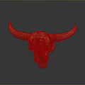 Brown Animal Skull With Large Curved Horns On Reflective Gray Gradient Background