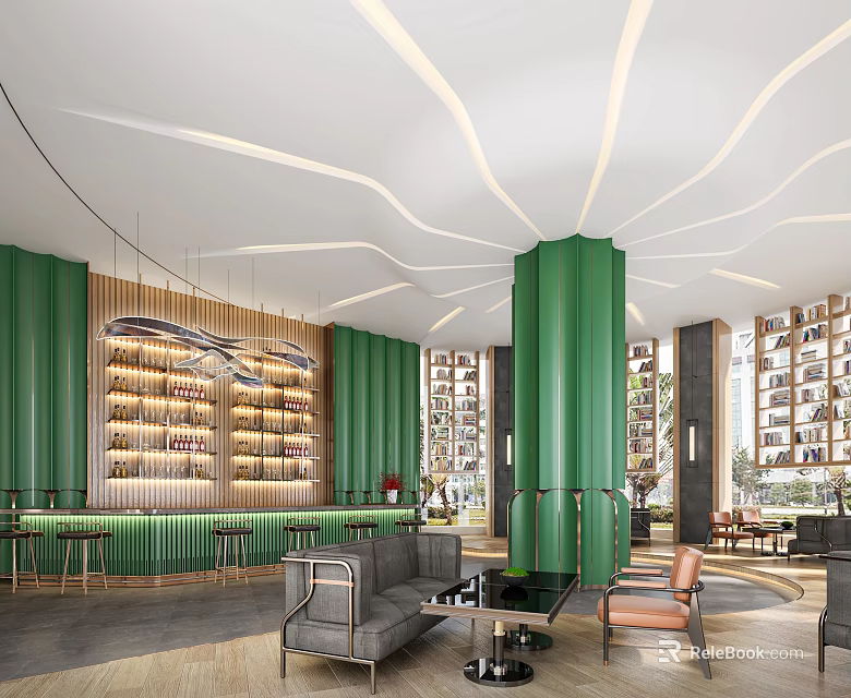 Modern Hotel Lobby Interior With Green Columns Wine Bar And Comfortable Sofas 3d model