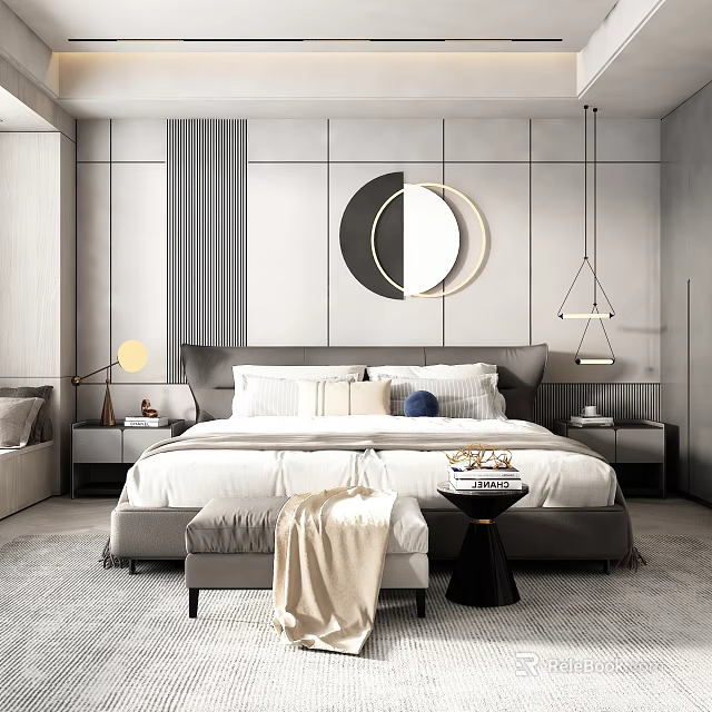 Modern Bedroom Interior With Double Bed Round Decorative Wall Art Nightstands And Hanging Pendant Lights 3d model 