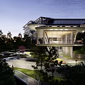 Modern Sales Office Building Surrounded By Lush Trees And Landscaped Walkways