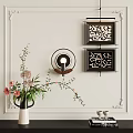 Elegant Interior Featuring Geometric Wall Art Circular Lamp And Flower Vase 3d model