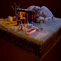 Cartoon Scene Featuring Cave With Lit Entrance Wooden Barrel Tree Fence Cart And Stone Path