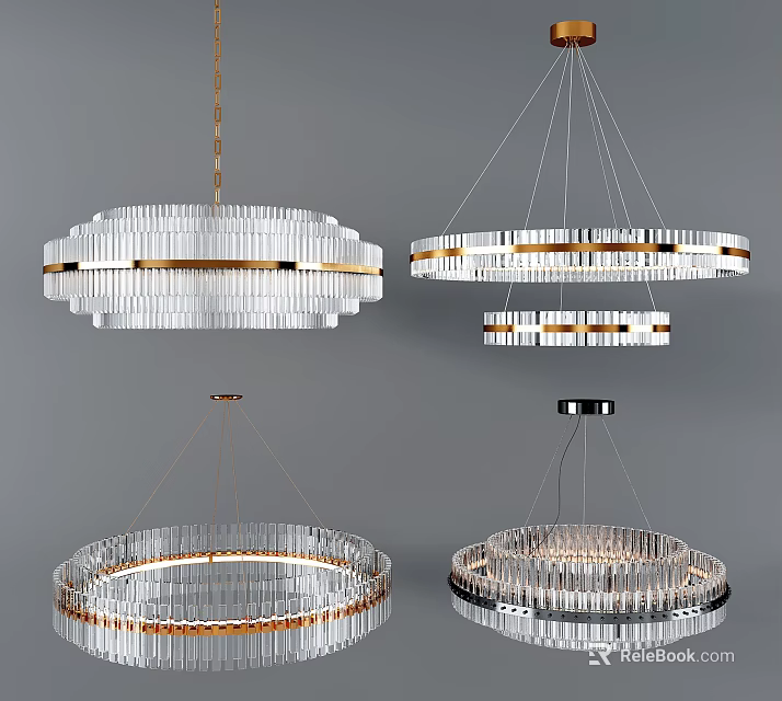 Modern Circular Chandeliers With Crystal Glass Strips And Gold Black Metal Frames 3d model 