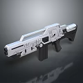 Futuristic Sci Fi Rifle With Silver Metallic Body And Ergonomic Grip Design