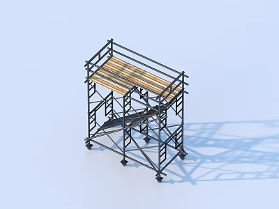Mobile Construction Scaffolding With Metal Frame Wooden Planks And Wheels 3d model