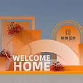 Modern Photo Check in Spot With Orange Decorations Welcome Home Sign And Geometric Flower Arrangements