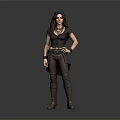 Woman In Dark Top And Pants With Boots Necklace And Belt Standing In Casual Pose