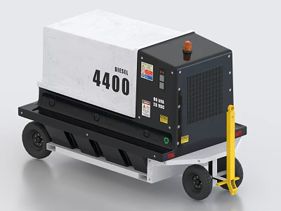 Mobile Industrial Diesel Generator Model 4400 White Enclosure Black Components Orange Light Yellow Handle Wheels 3d model