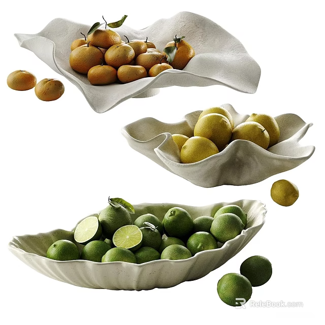 Decorative Ornamental Sets Including Petal Shaped Ceramic Bowls with Oranges Lemons Limes 3d model 