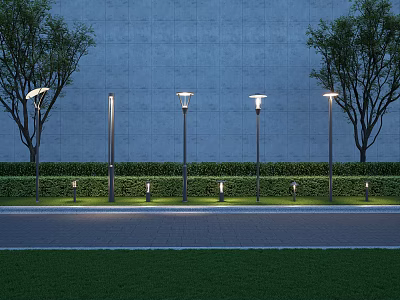 Outdoor Street Lights Arranged Along Road With Grass Trees And Wall 3d model