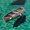Traditional Wooden Boat Floating in Clear Turquoise Water with Fishing Net and Aquatic Plants