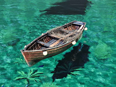 Traditional Wooden Boat Floating in Clear Turquoise Water with Fishing Net and Aquatic Plants 3d model