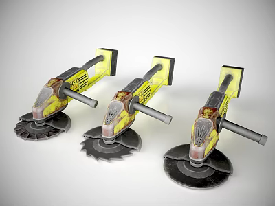 Three Yellow And Black Angle Grinders With Grinding Wheels And Handles 3d model