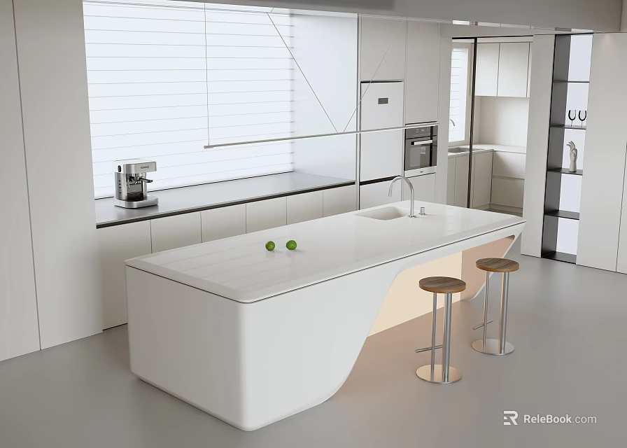 Modern Open Kitchen Interior Design With Island Bar Counter And Stools 3d model