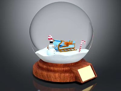 Glass Snow Globe Decorative Ornament Set With Snowman Sled Candy Canes And Wooden Base Plaque 3d model
