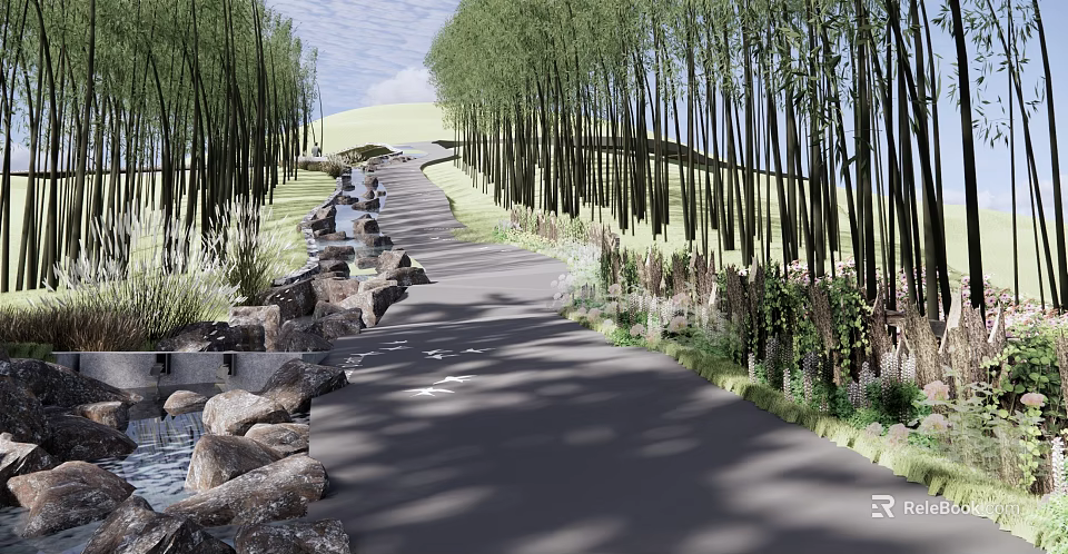 Scenic Park Landscape with Winding Path Tall Trees Rocks and Green Grass Areas 3d model 