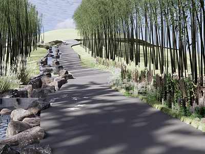 Scenic Park Landscape with Winding Path Tall Trees Rocks and Green Grass Areas 3d model
