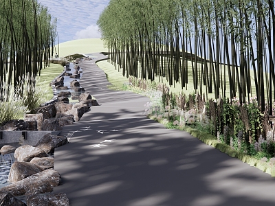 Modern Park Landscape Mountain Stream Creek Bamboo Forest Road Park Stream Landscape Viewing Platform Marathon Runway model