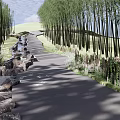 Scenic Park Landscape with Winding Path Tall Trees Rocks and Green Grass Areas