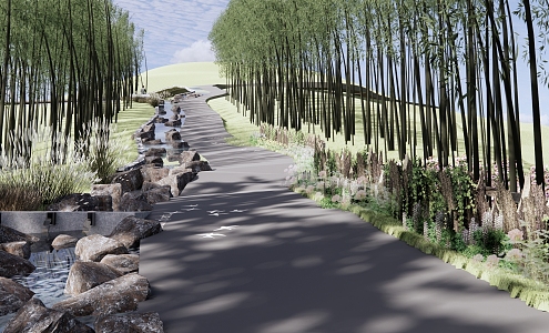 Modern Park Landscape Mountain Stream Creek Bamboo Forest Road Park Stream Landscape Viewing Platform Marathon Runway 3d model