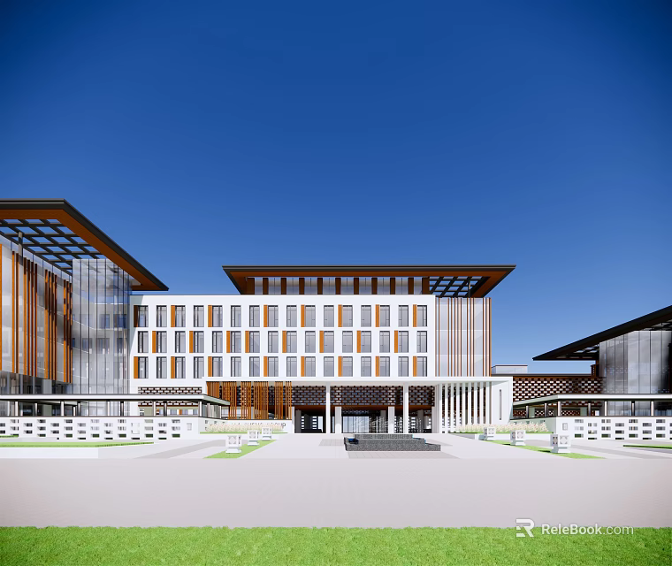 Modern Office Building Featuring Glass Curtain Walls Wooden Structures And Spacious Plaza Under Blue Sky 3d model 